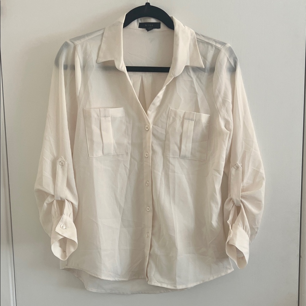 CREAM SHEER BUTTON-UP BLOUSE BEACH COVER. 3/4 SLEEVES. M